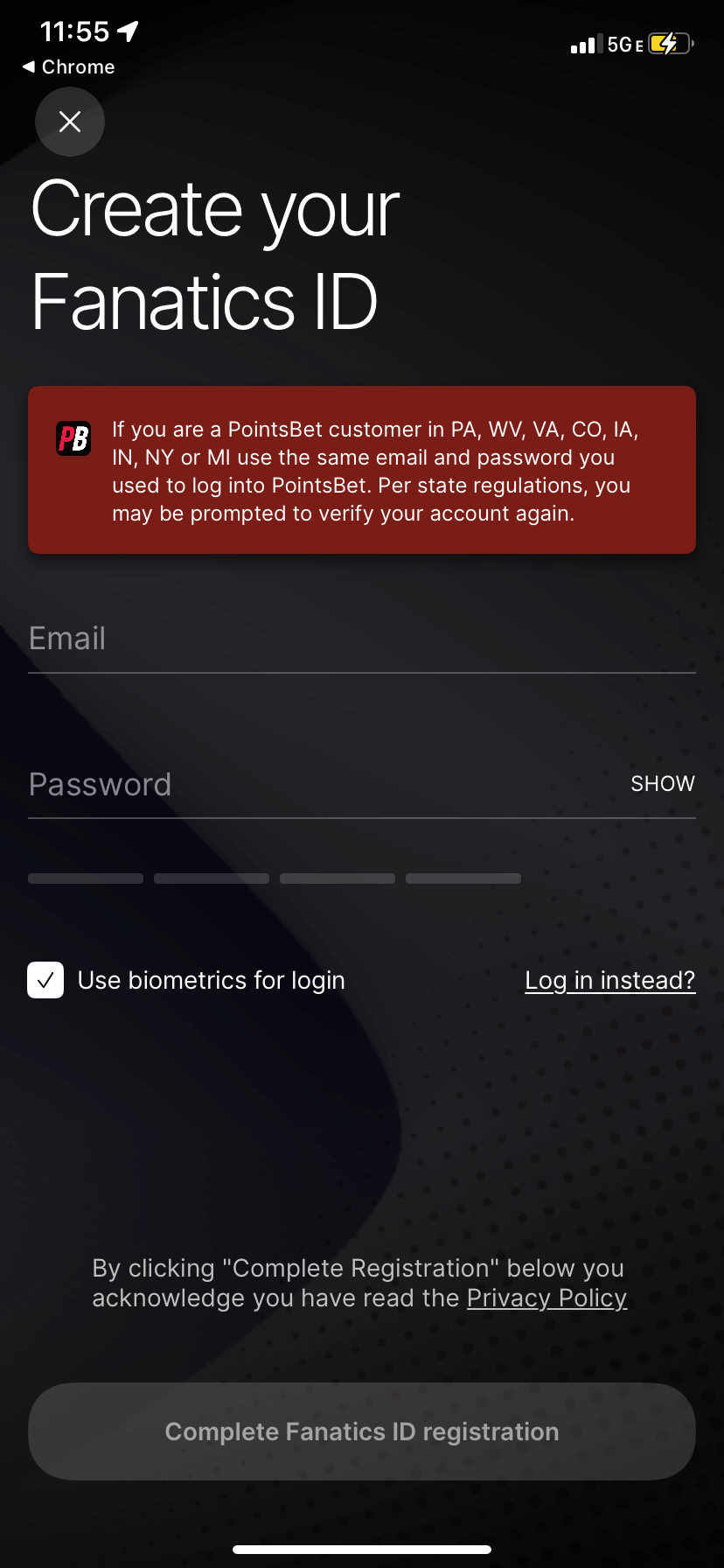 Registration screen in Fanatics Sportsbook app